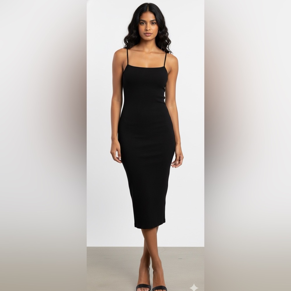 Reformation Black Ribbed Midi Dress, Square Neck, Skinny Straps, Size XS